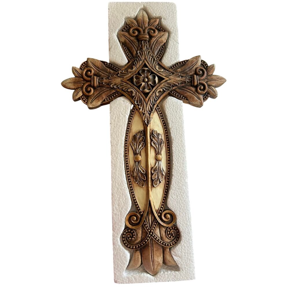 New ornate decorative wall cross bronze and ivory-toned 13” religious gift